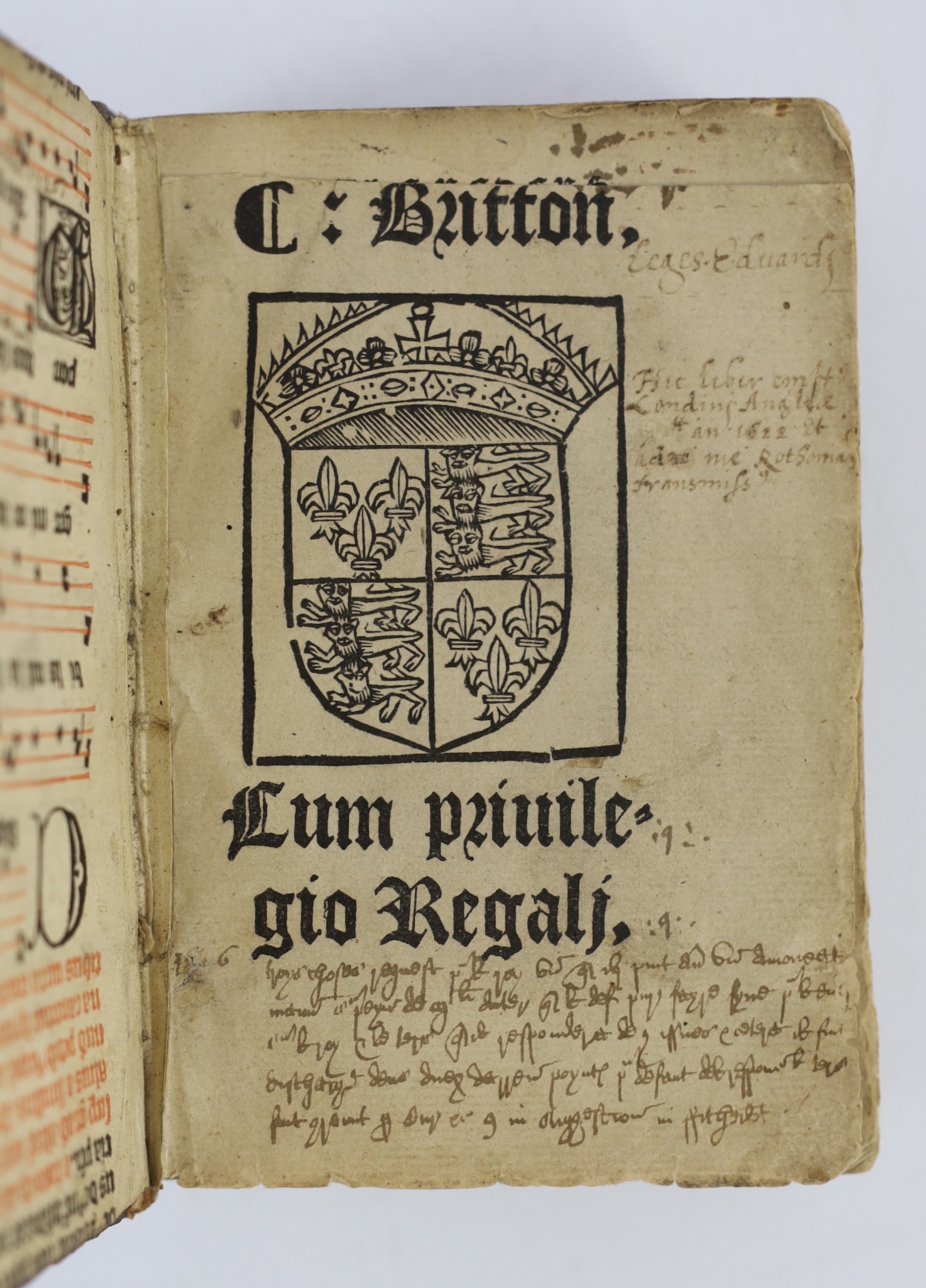 (Le Breton, John) Cum Privilegio Regali. First Edition. engraved arms on title. (6),(362)ff., black letter, old blind decorated panelled calf, stamped CM in centre of both covers, parts of an old service book used as e/p